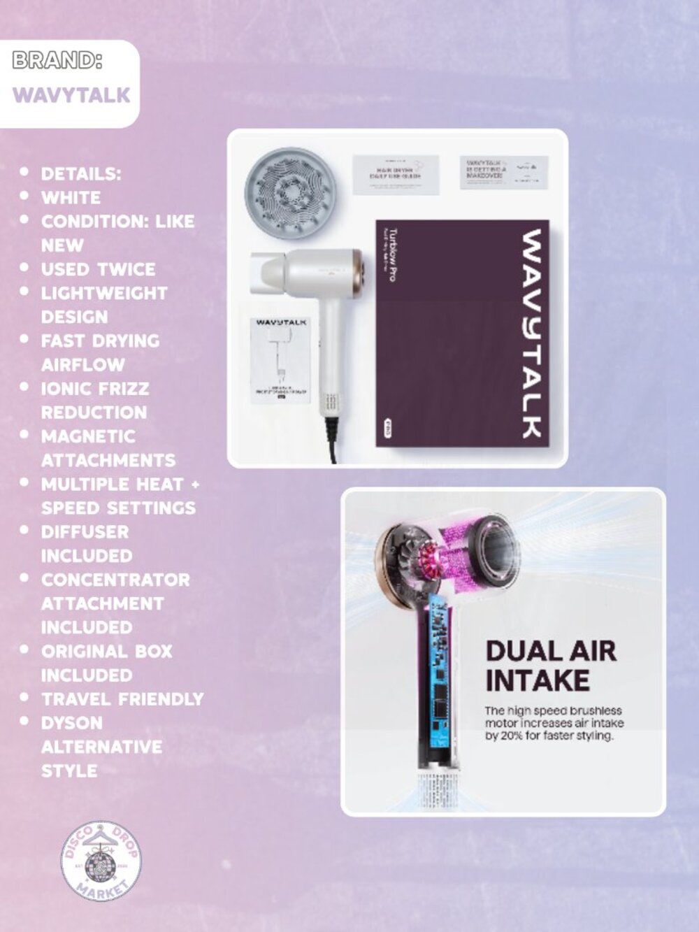 WAVYTALK Turblow Pro Hair Dryer in White USED 2 TIMES